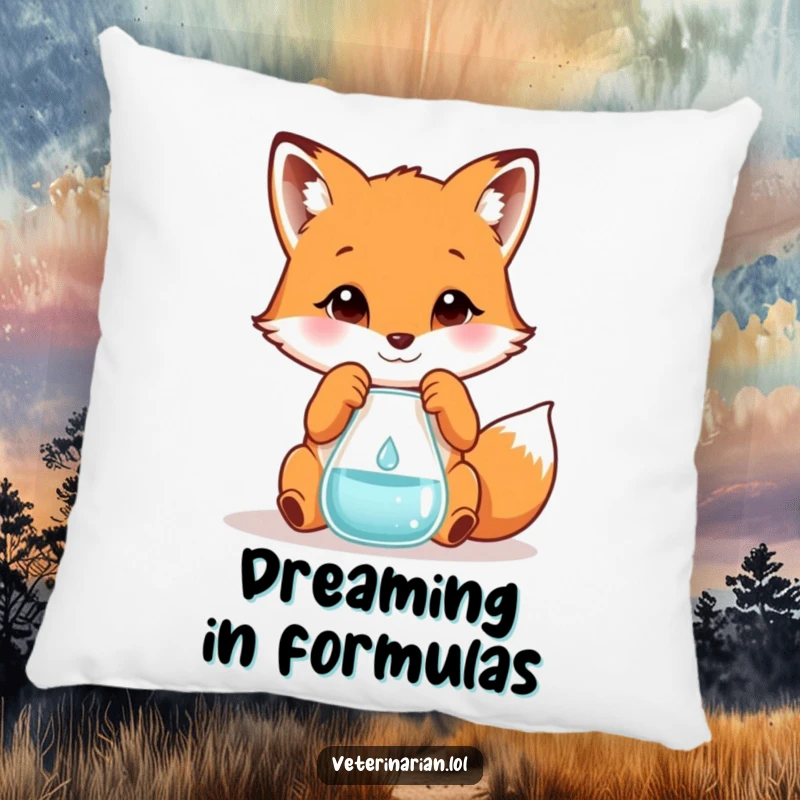 Funny decorative pillow featuring a playful fox carefully measuring a tiny droplet into a beaker, offering humorous comfort and style.