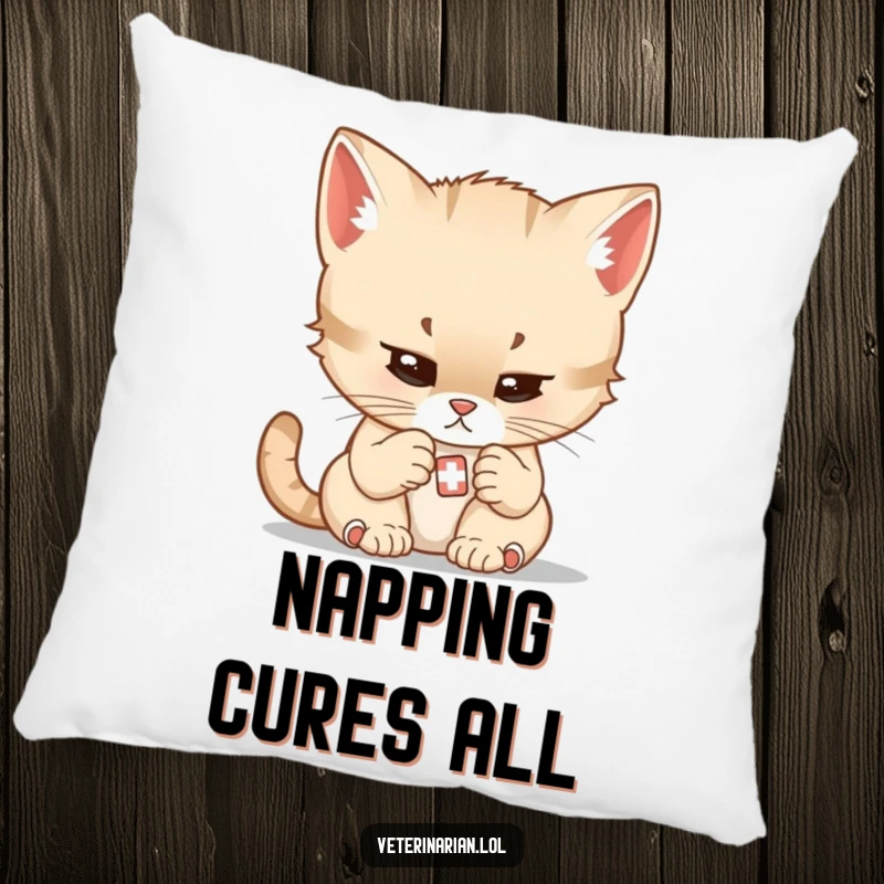 Funny decorative pillow with a focused cartoon kitten doctor gently examining a very small bandage.