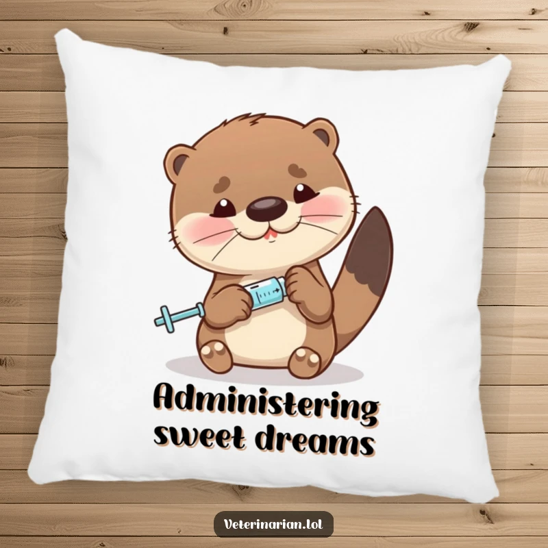Funny otter pillow featuring a cute character precisely measuring liquid with a miniature syringe, combining comfort and accuracy.