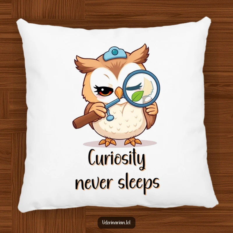 Funny pillow depicting a winking owl vet using a magnifying glass to study a tiny leaf, offering soft comfort and witty decor.