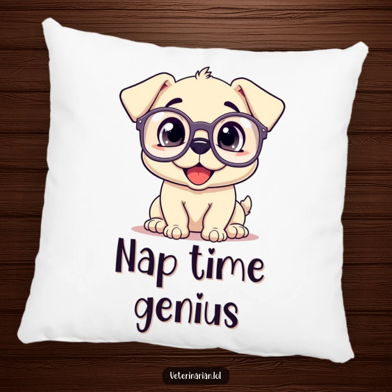 Funny pillow showing a happy puppy wearing oversized prescription glasses, looking up inquisitively.