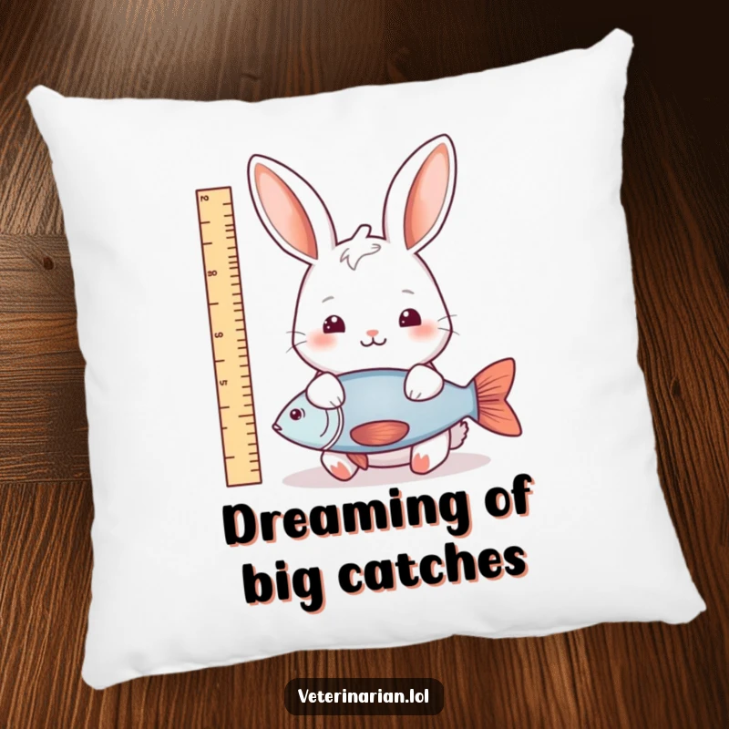 Funny rabbit fish measure pillow featuring a gentle rabbit measuring a fish, providing a soft and humorous decorative touch for nature enthusiasts.