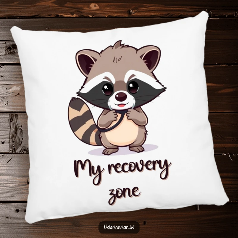 Funny raccoon doctor pillow, a determined raccoon polishing a stethoscope with a focused gaze, soft and comforting decor.