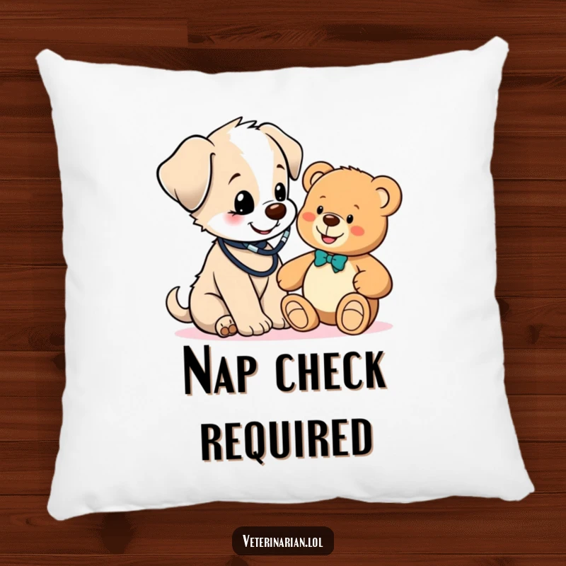 Funny cute puppy vet pillow, a puppy with a stethoscope checks a teddy bear, soft, cuddly, and humorously heartwarming for any space.