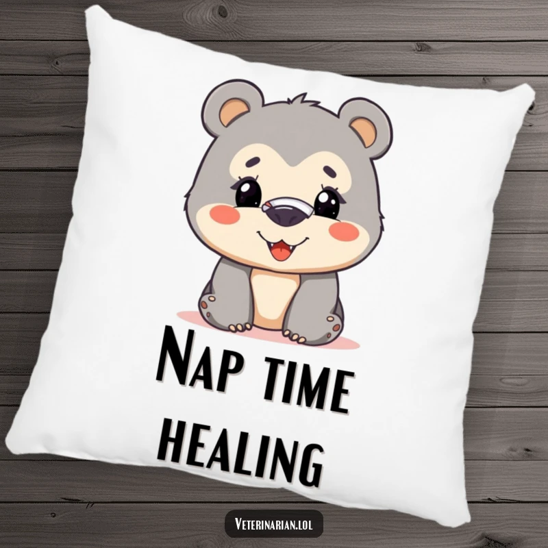 Funny bear cub pillow showing a curious cub with a nose bandage, smiling bravely, offering comfort and a touch of humor.