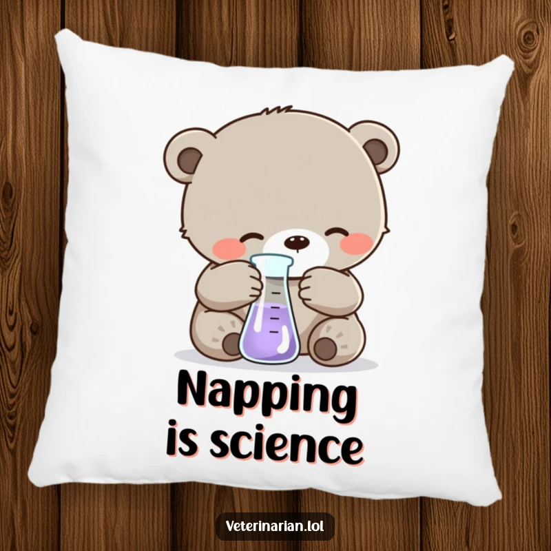 Funny pillow showcasing a sweet bear cub carefully measuring liquid in a beaker, providing cozy and humorous lab-themed decor for any space.
