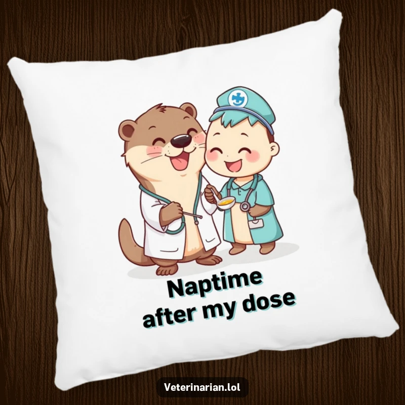 Funny Otter Vet Pillow: Cute otter veterinarian cheerfully gives a spoonful of tasty liquid to a happy, anticipating animal.