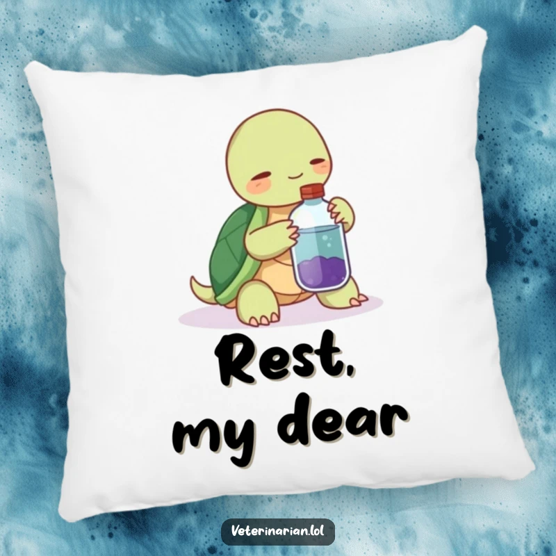 Funny pillow with a calming turtle offering a potion bottle, a gentle nudge for relaxation and humor.