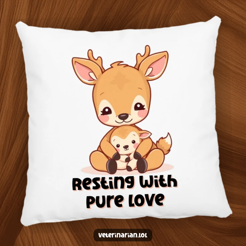 Funny gentle deer pillow featuring a deer cradling a small animal with a soothing pat and a calm expression.