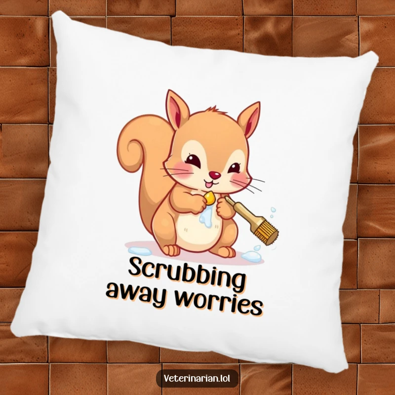 Funny squirrel pillow featuring a character diligently washing paws, offering comfort and hygiene-themed humor.
