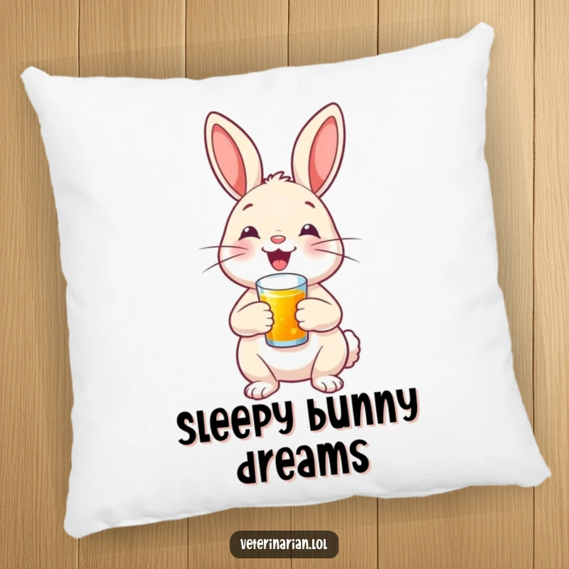 A happy bunny with a proud smile administers a tiny shot, depicted on a soft, decorative pillow.