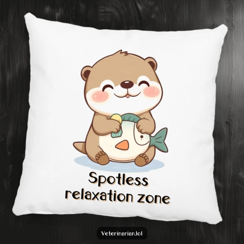 Funny pillow with a joyful otter character cleaning a toy fish with a sponge, offering comfort and a humorous touch.