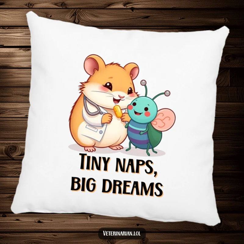 Funny pillow depicting a smiling hamster vet giving a vitamin pill to a happy toy bug, a soft and cheerful decorative item.