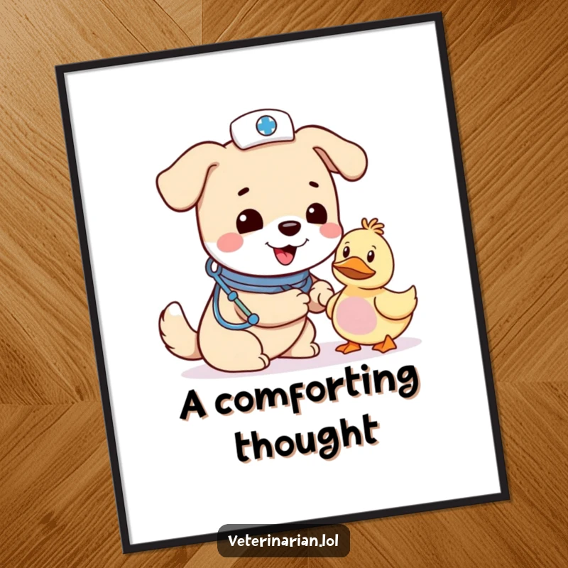 Funny dog vet digital art, a cheerful dog nurse in a small hat bandages a toy duck with a look of concern.