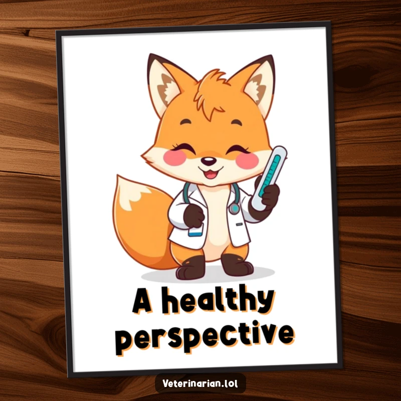 Funny fox vet digital art, a playful fox with a bright smile holds a thermometer and checks its reading with focus.