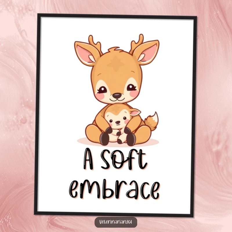 Funny gentle deer digital art print of a deer cradling a small animal with a soothing pat and a calm expression.
