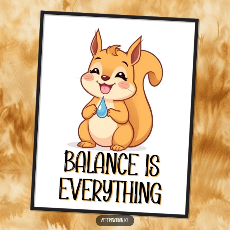 Funny Squirrel Dropper Digital Art Print: A grinning squirrel artfully balancing a tiny dropper on its nose, ready for download.
