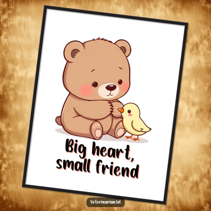Funny digital art print of a gentle bear patting a small, timid bird, ready to bring comfort and warmth.