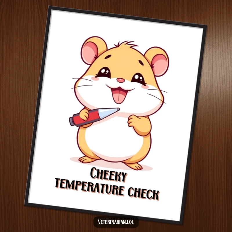 Funny Hamster Digital Art Print: Sick cartoon hamster holding a thermometer, humorously depicting illness, perfect for wall decor, a funny gift.