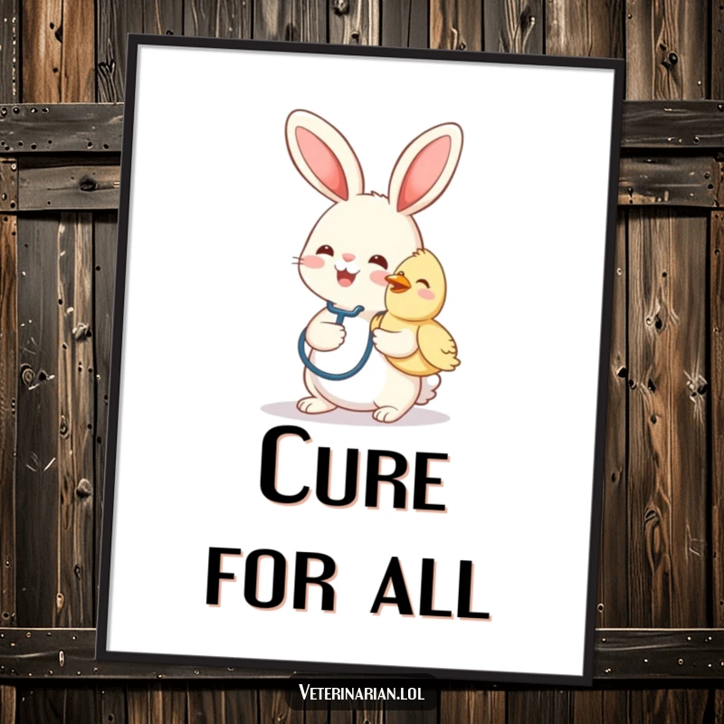 Funny digital art print of a cheerful bunny vet with a stethoscope, gently petting a smiling bird.