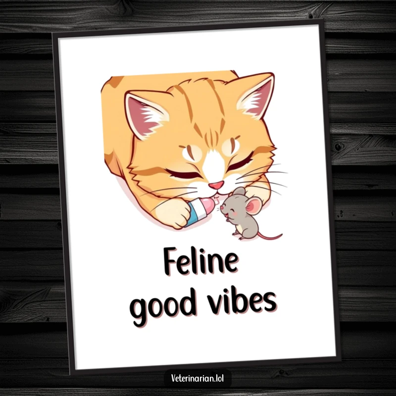 Funny Cat & Mouse Digital Art Print: Artwork showing a cat gently administering a pill to a small, happy mouse, ready for display.