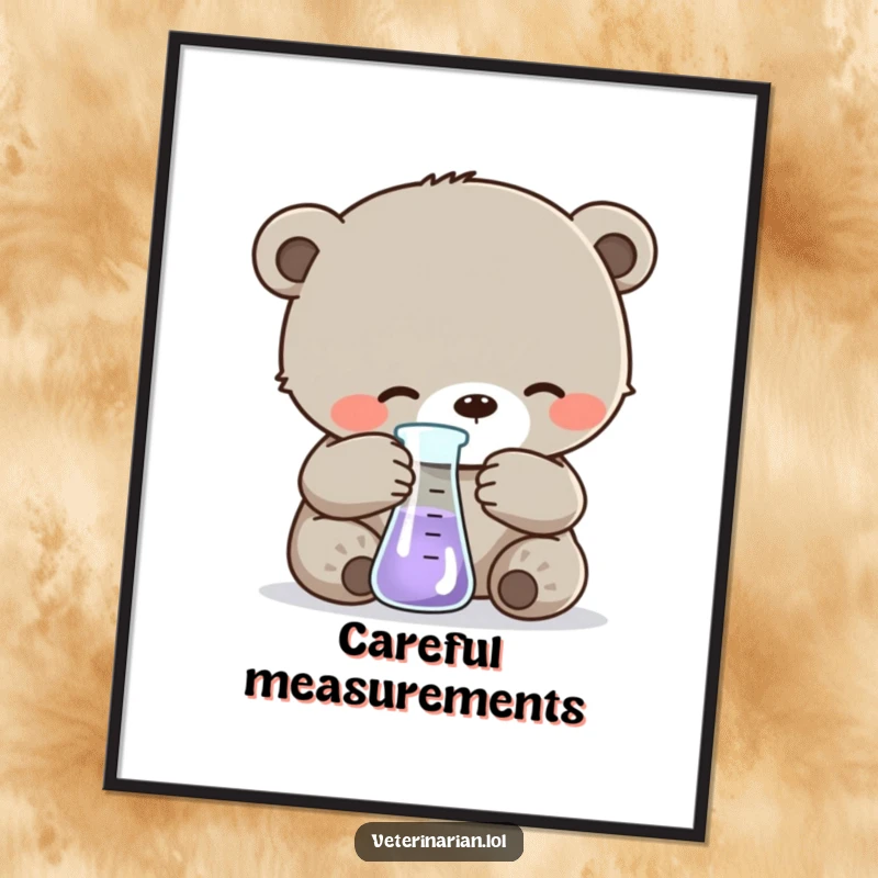 Funny digital art print of a gentle bear cub carefully measuring liquid in a beaker, capturing adorable scientific curiosity for instant wall decor.