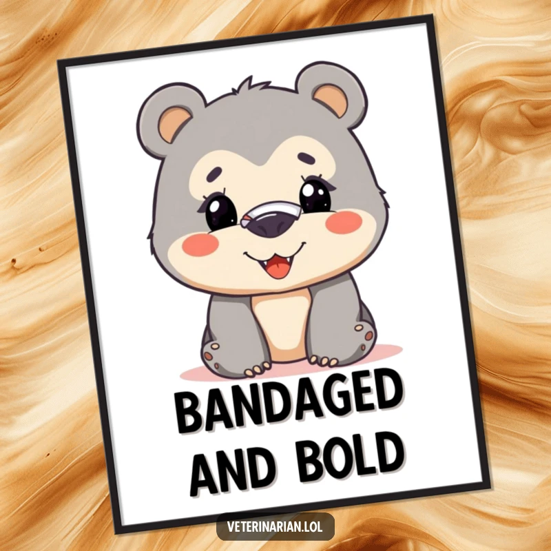 Funny bear cub digital art showing a curious cub with a bandage on its nose, smiling bravely, perfect for instant, humorous wall decor.