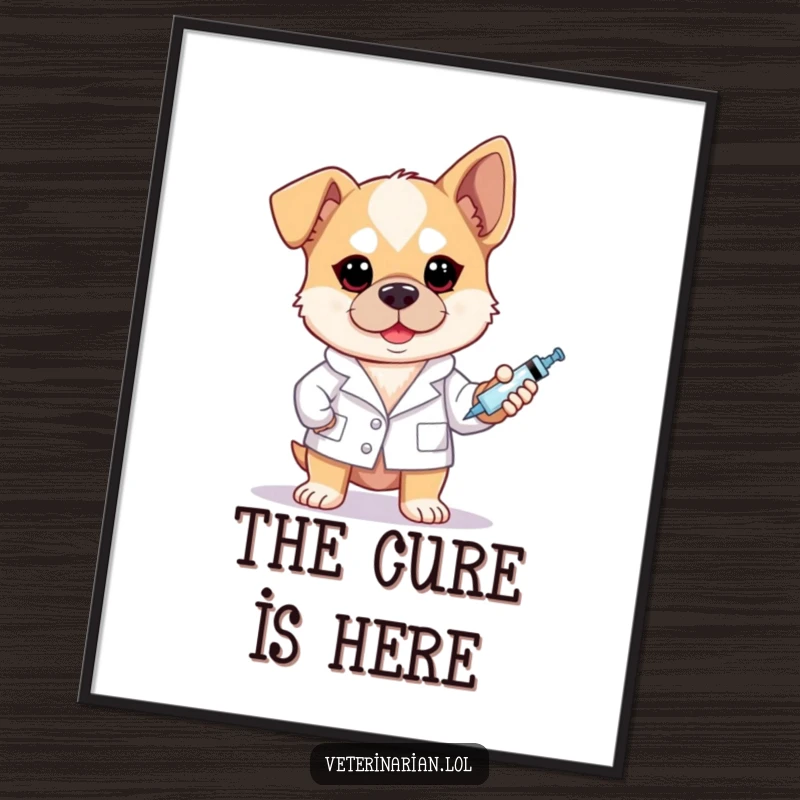 Funny brave dog vet digital art print of a dog in a white coat holding a syringe with a determined look.