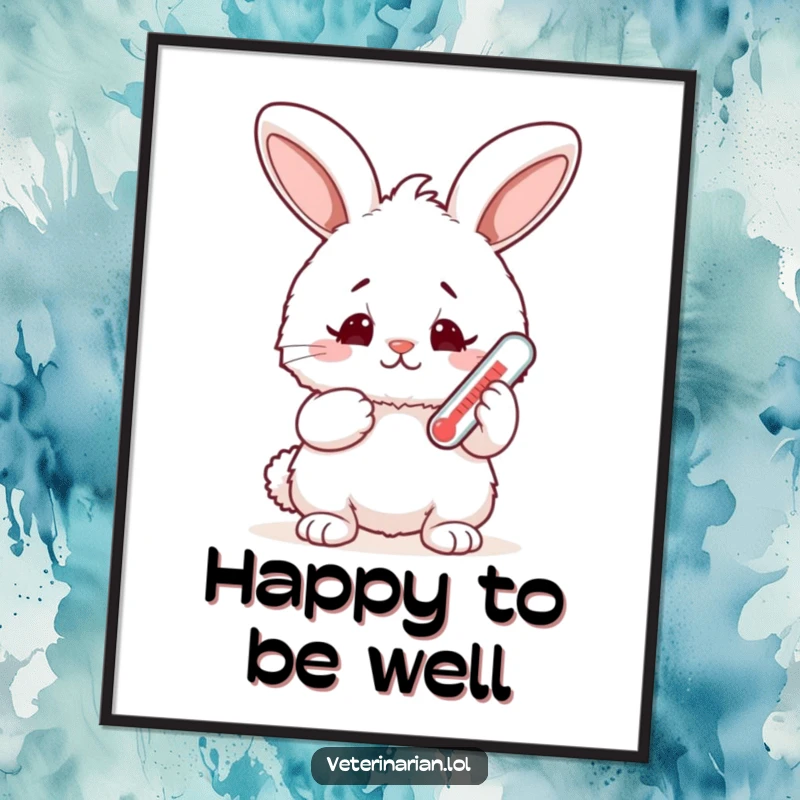 Funny fluffy bunny digital art print, a rabbit holds a thermometer with a worried yet happy expression, radiating sweetness and humor for instant decor.