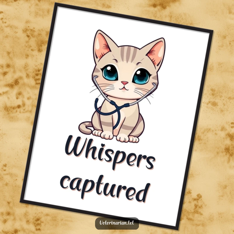 Funny digital art print of a sleek cat wearing a stethoscope, attentively listening, ideal for instant sophisticated decor.