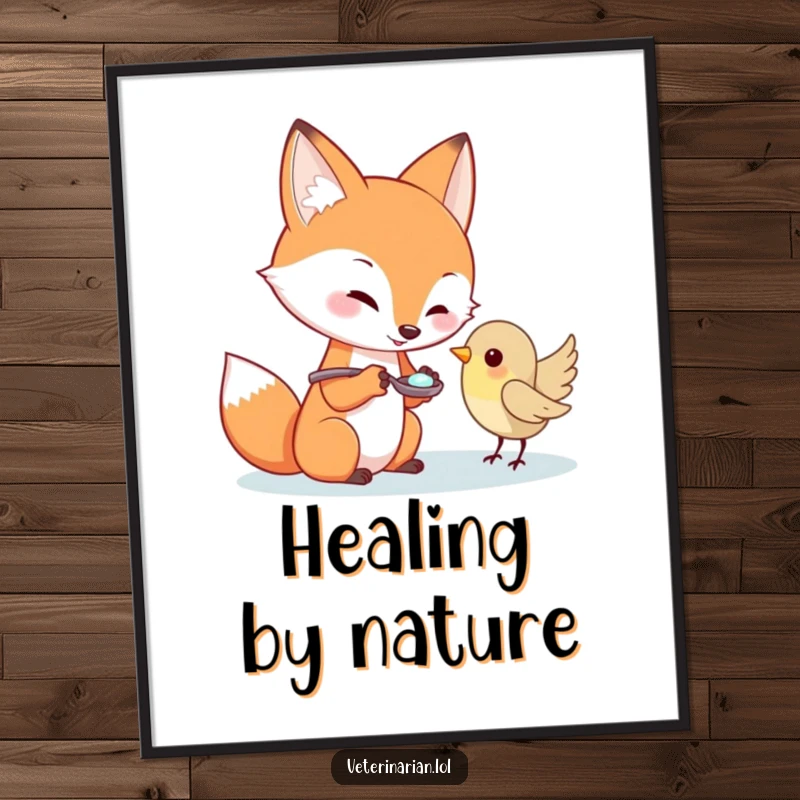 Funny playful fox offering medicine to a tiny bird, digital art print, perfect funny gift.