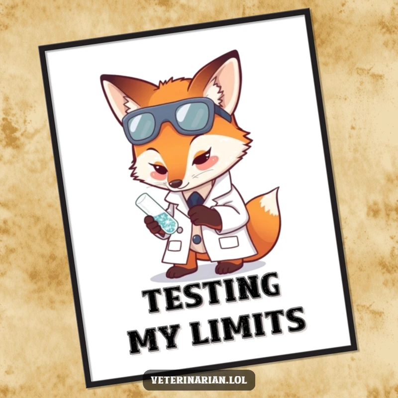 Funny digital art print of a fox in a lab coat carefully examining a tiny, sparkling test tube.