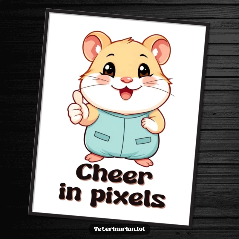 Funny digital art print of a smiling hamster in tiny scrubs giving a cheerful thumbs-up, ideal for instant positive decor.