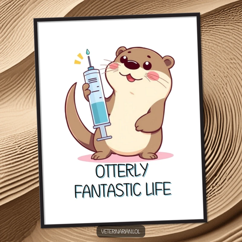 Funny Otter High-Five Digital Art Print: An illustration of a playful otter enthusiastically giving a high-five using a large syringe.