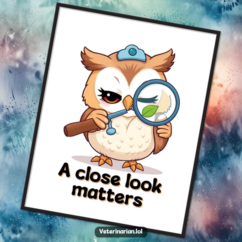 Funny digital art of a winking owl vet examining a tiny leaf with a magnifying glass, a whimsical and printable wall decor.