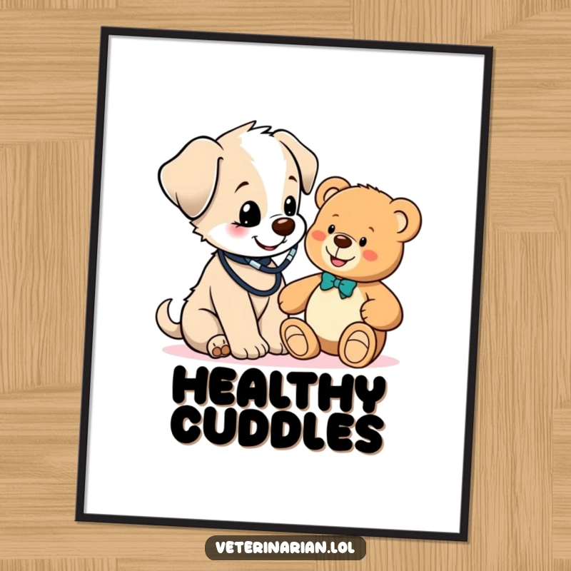 Funny cute puppy vet digital art print, a puppy in a stethoscope happily checks a teddy bear, radiating sweetness and humor for instant decor.
