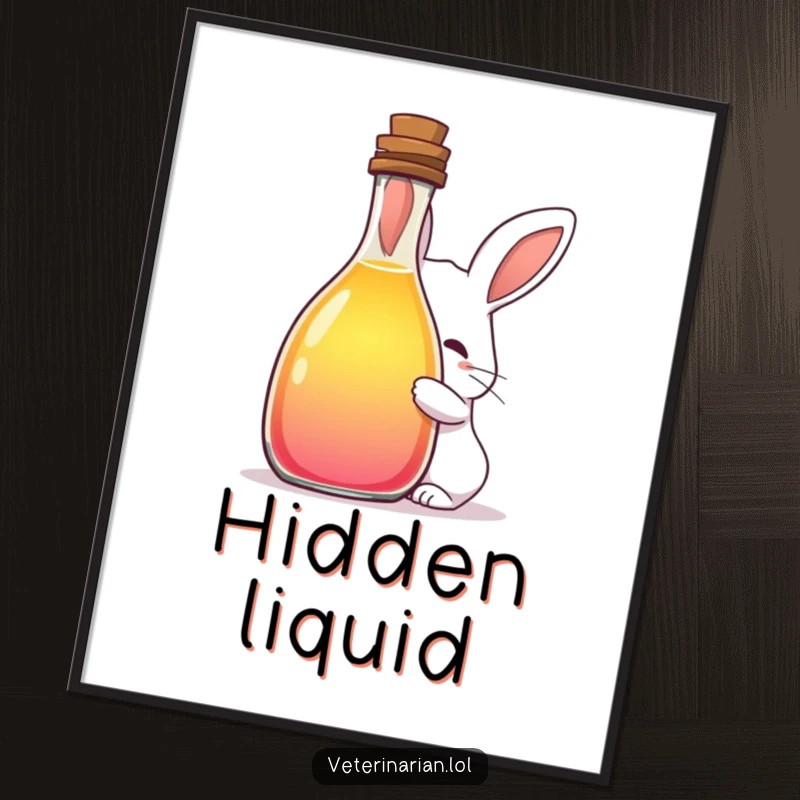 Funny digital art print of a shy rabbit peeking from a large bottle of colorful liquid, capturing whimsical curiosity and mystery for instant decor.