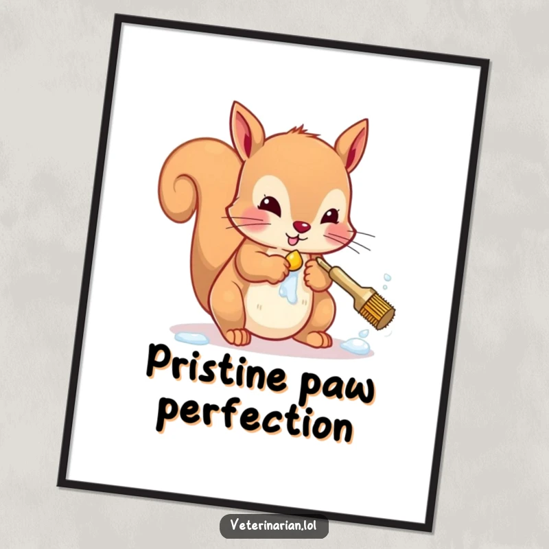 Funny squirrel digital art print of a character diligently scrubbing paws, perfect for a humorous decor piece.