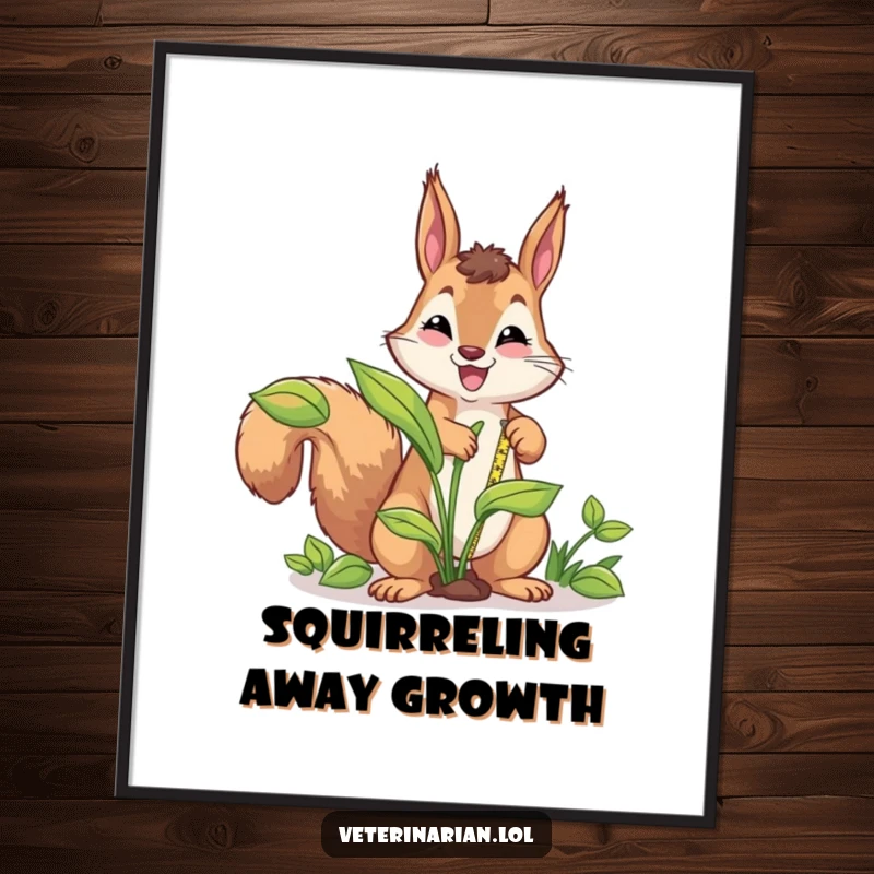 Funny energetic squirrel digital art print, a squirrel measures a plant with a tape measure, radiating dedication and humor for instant decor.
