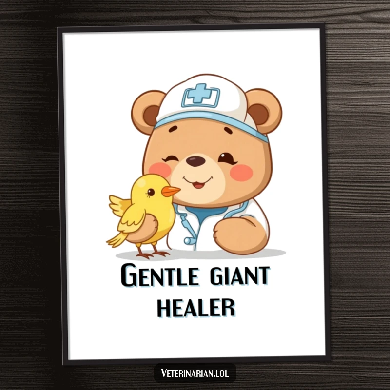 Funny bear vet digital art print, featuring a smiling bear doctor with a cap, gently examining a small bird. Instant heartwarming decor.