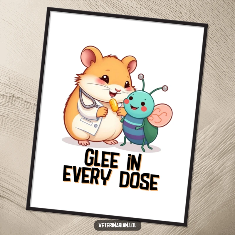 Funny digital art of a happy hamster vet giving a vitamin pill to a toy bug, a charming and printable wall decor.