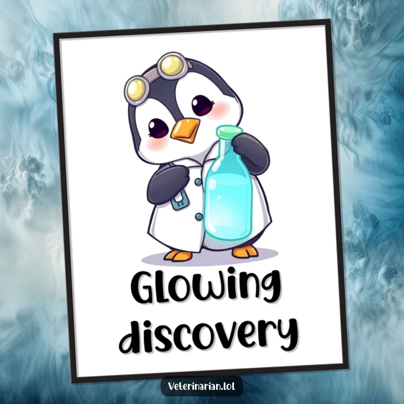 Funny digital art print of a playful penguin in a medical coat curiously poking a glowing vial, ideal for instant decor.