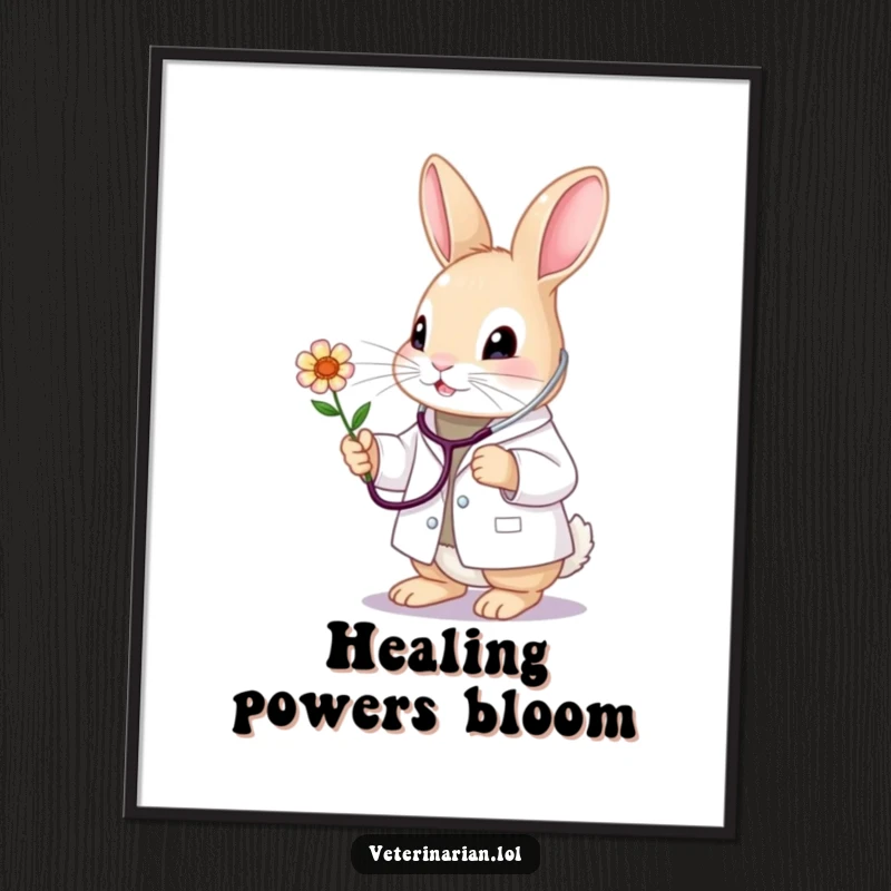 Funny bunny vet digital art print, featuring a cute doctor bunny with stethoscope caring for a flower. Instant heartwarming decor.