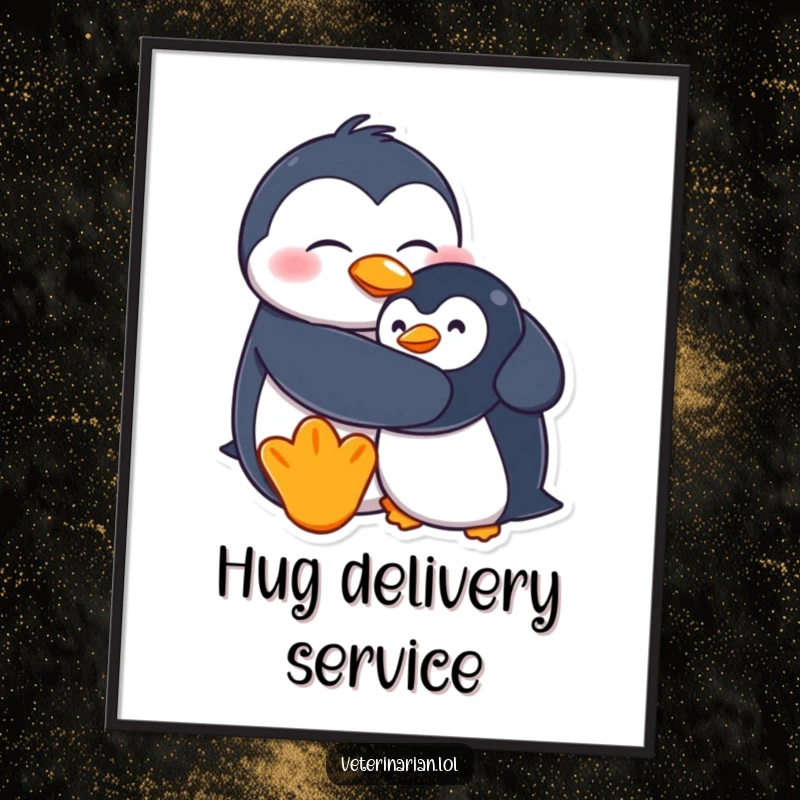 Funny digital art print of a goofy penguin character hugging a stuffed penguin, perfect for adding instant warmth and humor.