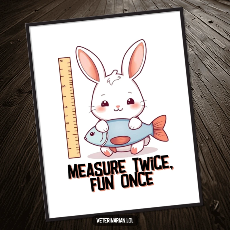 Funny rabbit fish measure digital art print showing a gentle rabbit measuring a fish, offering instant natural decor with a side of whimsical humor.