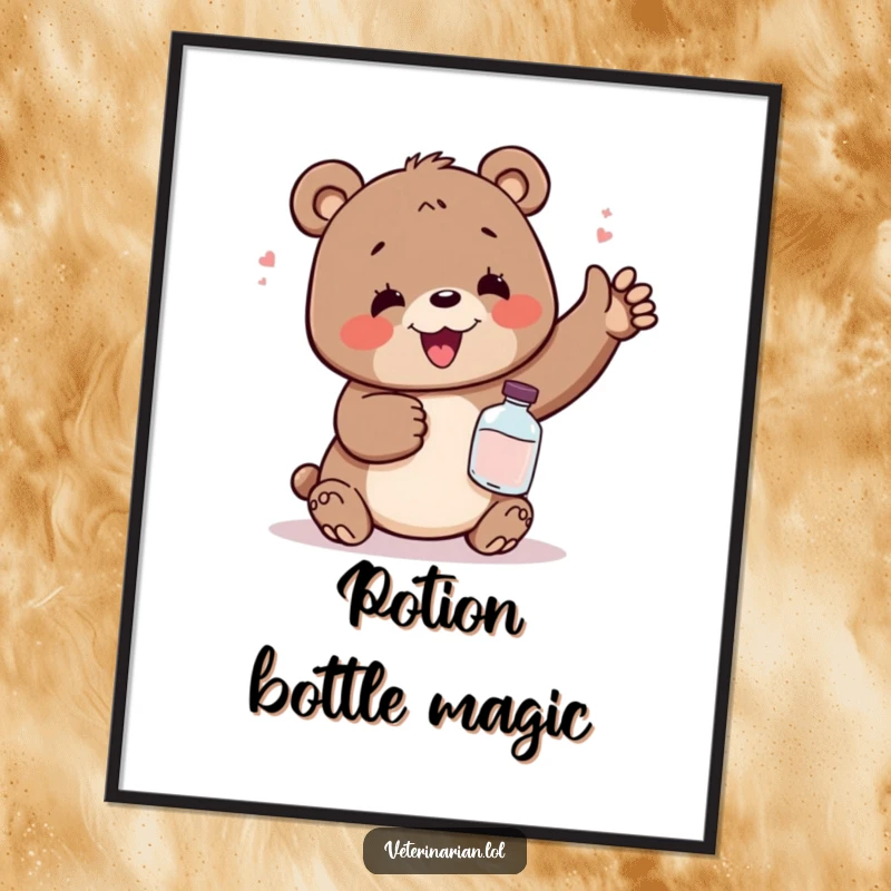 Funny digital art print of a delighted bear looking relieved while holding a small potion bottle, perfect for immediate humorous wall decor.