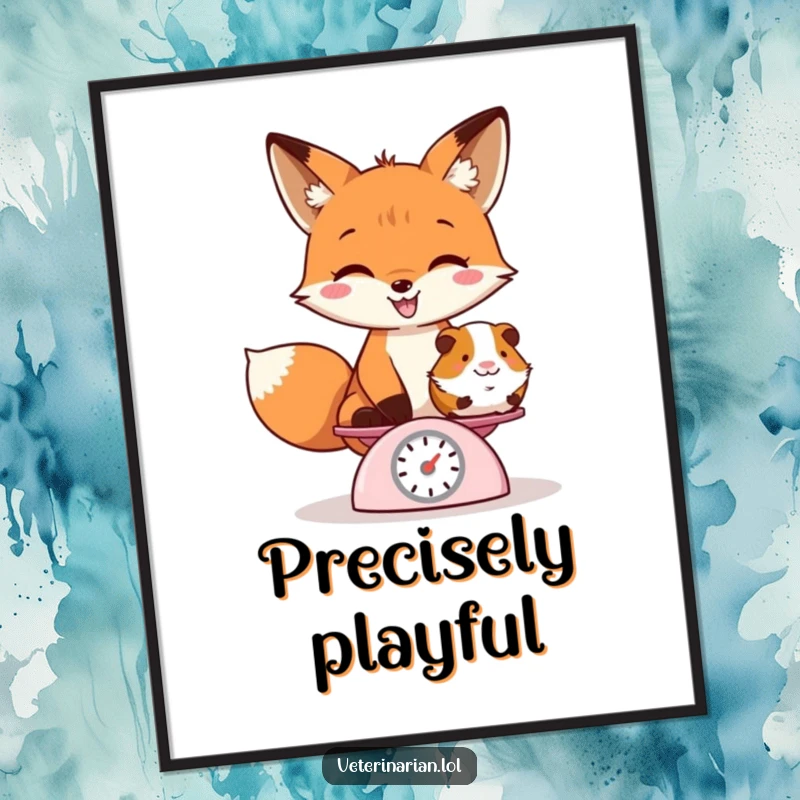 Funny digital art print of a playful fox grinning while weighing a guinea pig on a tiny scale, ready to charm.