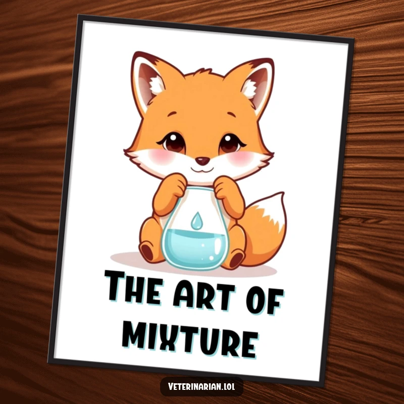 Funny digital art print of a playful fox measuring a tiny droplet into a beaker, perfect for humorous wall decor.