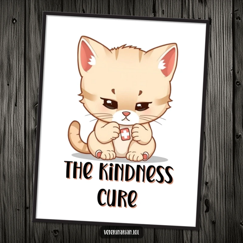 Funny digital art print of a determined cartoon kitten doctor gently examining a very small bandage.