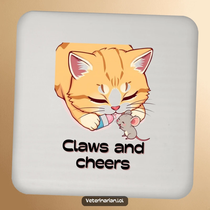 Funny Cat & Mouse Coaster: A coaster featuring a gentle cat giving a tiny pill to a small, happy mouse.